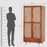 ONIJA Solid Sheesham Wood Rattan Cane Wardrobe | 2-Door Almirah with 3 Drawers, 6 Storage Shelves, 1 Hanging Rod Space | Wooden Cupboard, Bedroom Closet and Dresser | Honey Finish